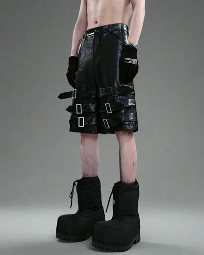 Edgy Leather Tech Shorts -  buckle straps - Stylish PU Leather Tech Shorts for Comfort
