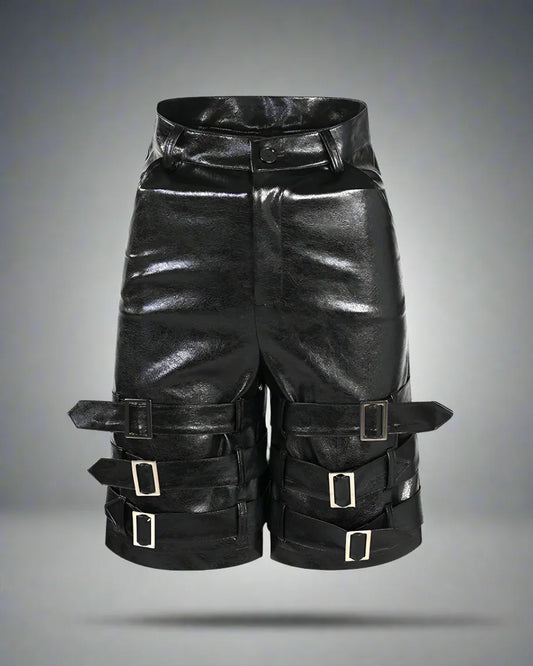 Edgy Leather Tech Shorts - heavy buckled leather shorts - Stylish PU Leather Tech Shorts for Comfort