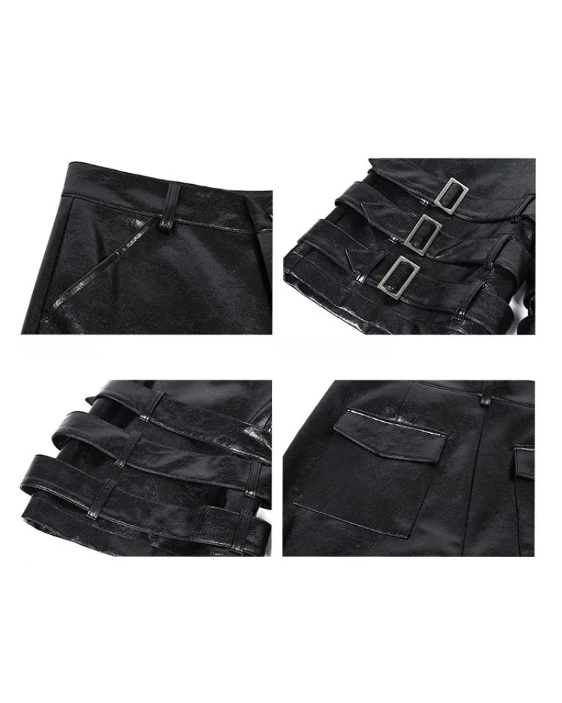 Edgy Leather Tech Shorts -  tech shorts - Stylish PU Leather Tech Shorts for Comfort