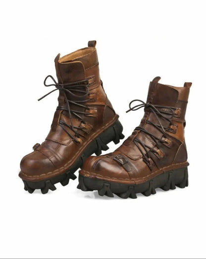 Edgy Unisex Techwear Riding Boots -  leather boots - Unisex Skull Punk Motorcycle Riding Boots