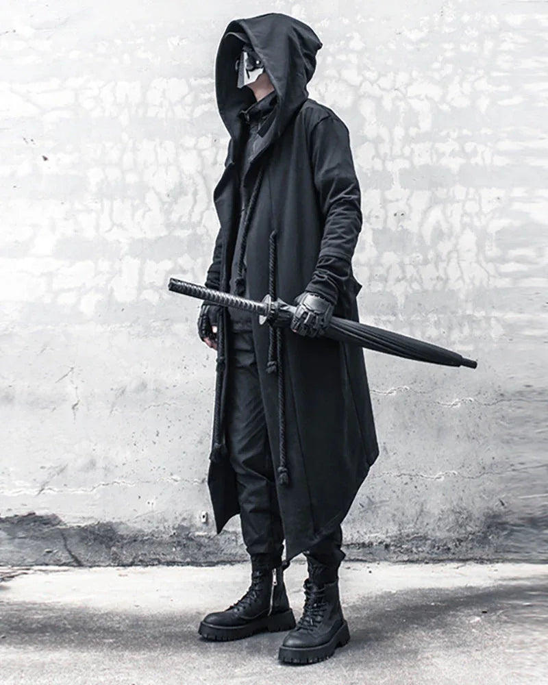 Enigmatic Black Hooded Cape - black cape - Stylish Black Hooded Cape with Drawstring