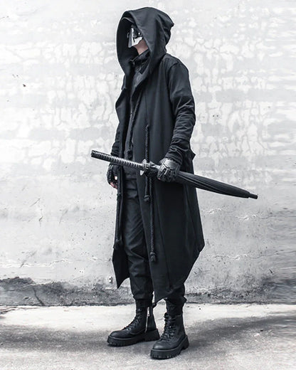 Enigmatic Black Hooded Cape - black cape - Stylish Black Hooded Cape with Drawstring