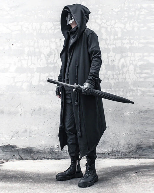 Enigmatic Black Hooded Cape - black cape - Stylish Black Hooded Cape with Drawstring