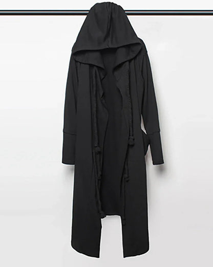 Enigmatic Black Hooded Cape - black cape - Stylish Black Hooded Cape with Drawstring