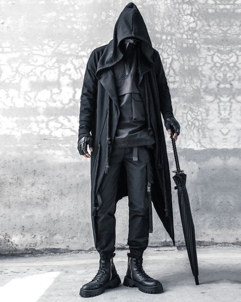 Enigmatic Black Hooded Cape -  customizable fit cape - Stylish Black Hooded Cape with Drawstring