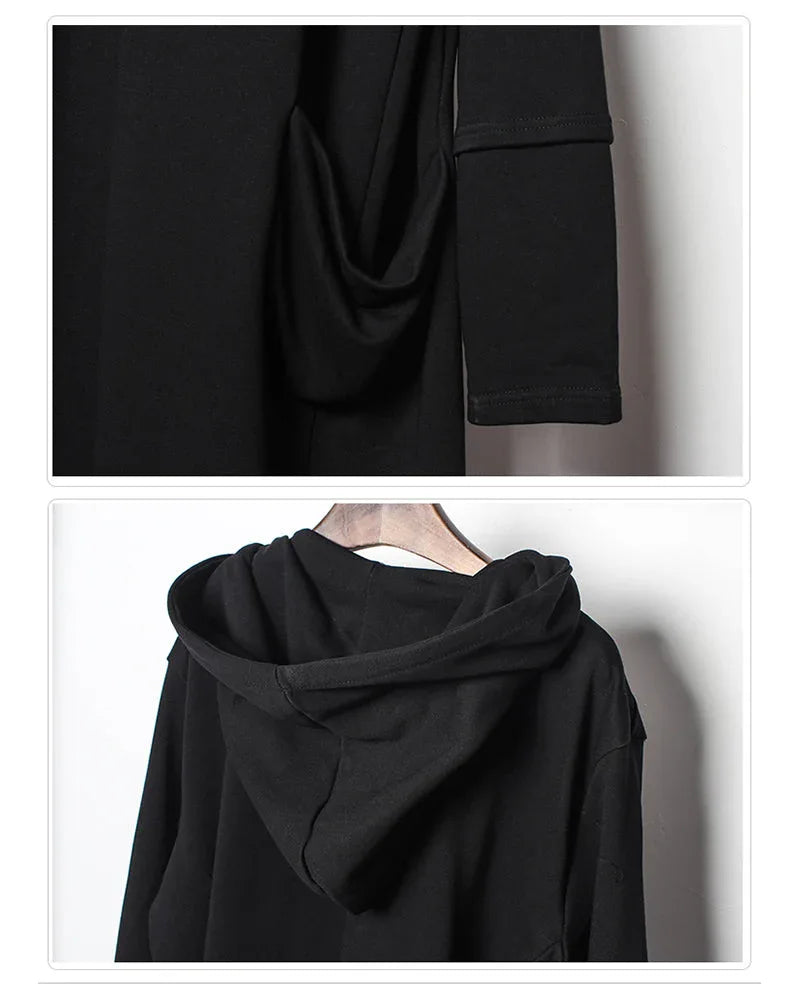 Enigmatic Black Hooded Cape -  drawstring cape - Stylish Black Hooded Cape with Drawstring