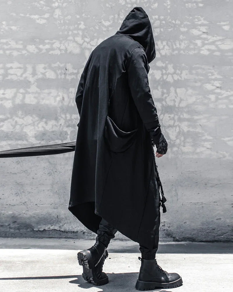 Enigmatic Black Hooded Cape - gothic drawstring cape - Stylish Black Hooded Cape with Drawstring