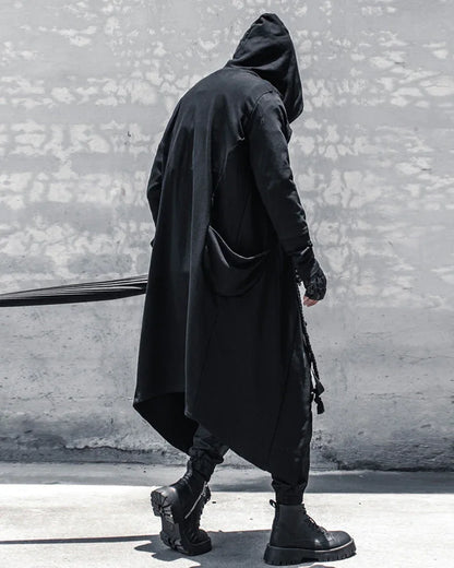 Enigmatic Black Hooded Cape - gothic drawstring cape - Stylish Black Hooded Cape with Drawstring