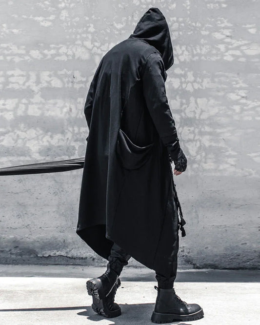 Enigmatic Black Hooded Cape - gothic drawstring cape - Stylish Black Hooded Cape with Drawstring