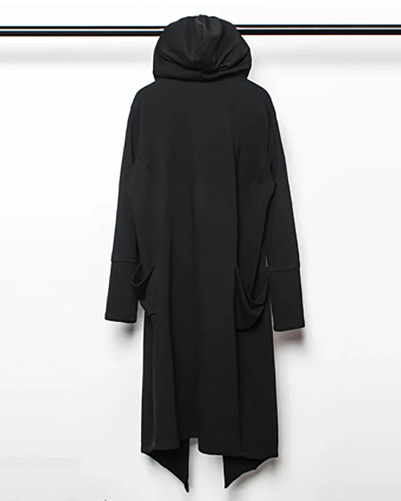 Enigmatic Black Hooded Cape - gothic drawstring cape - Stylish Black Hooded Cape with Drawstring
