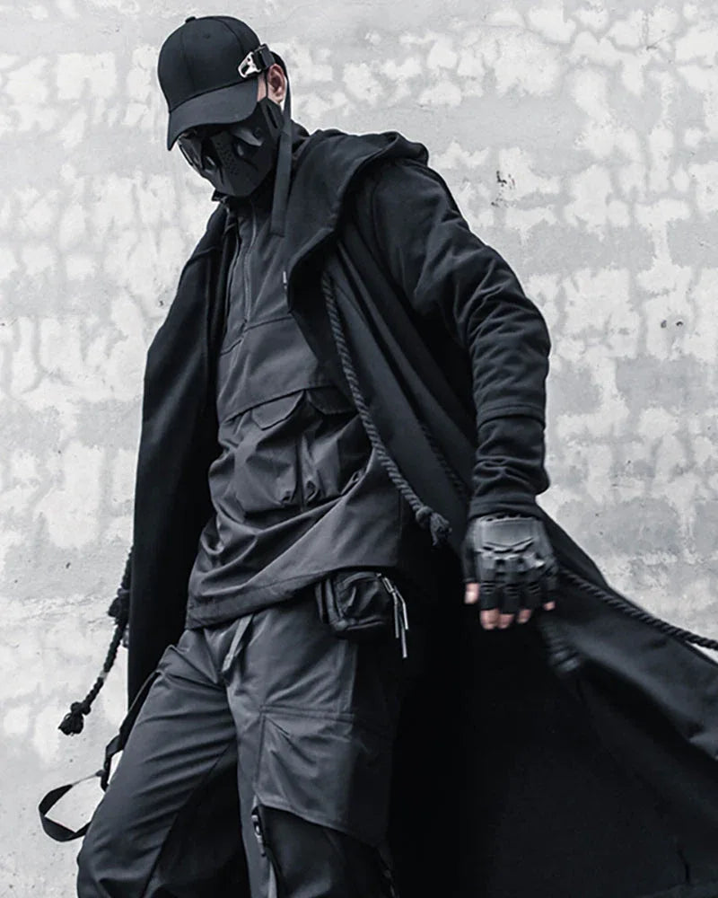Enigmatic Black Hooded Cape -  hooded cape - Stylish Black Hooded Cape with Drawstring
