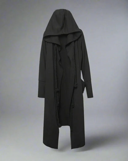 Enigmatic Black Hooded Cape -  mysterious cape design - Stylish Black Hooded Cape with Drawstring