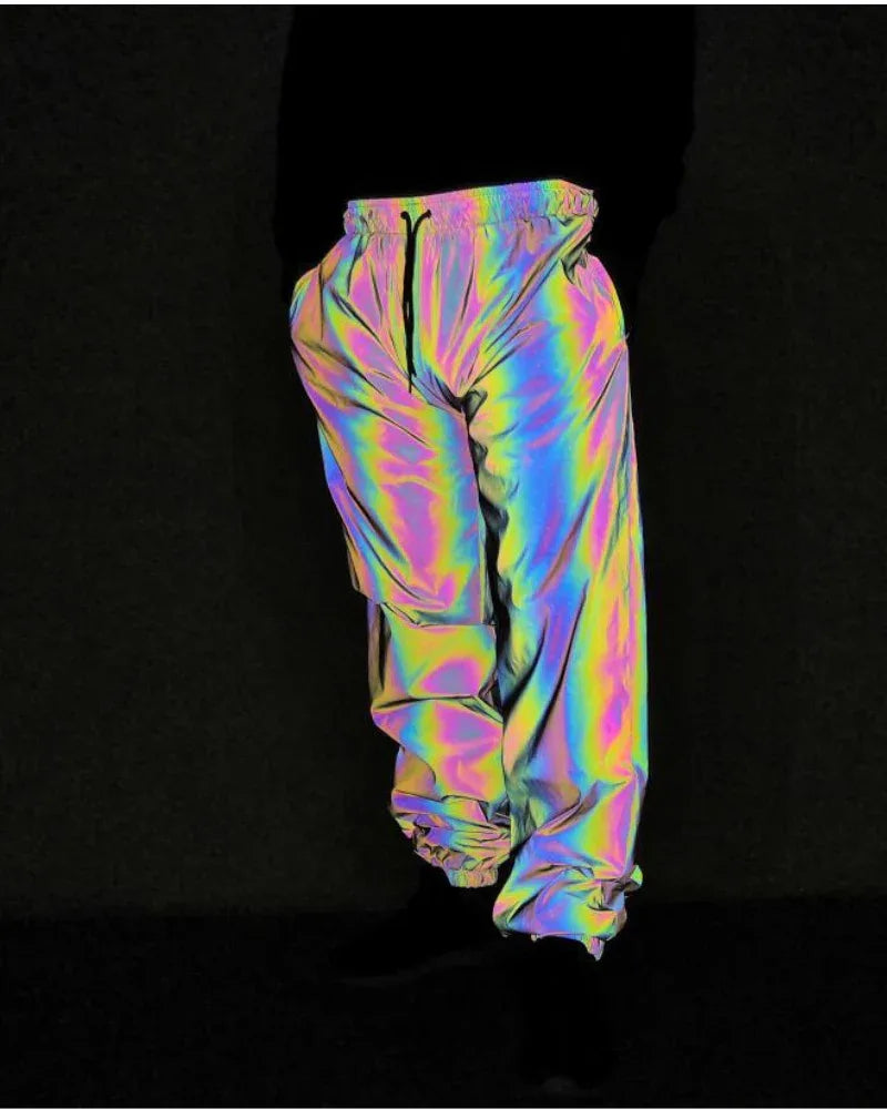 Eye-Catching Reflective Activewear -  festival pants - Reflective Colorful Pants for Festive Style