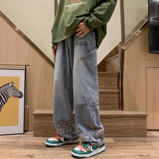 Flame Jeans - bold streetwear style - Flame Print Oversized Jeans for Streetwear