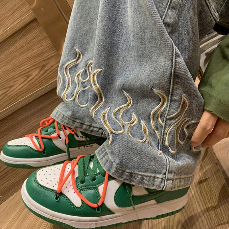 Flame Jeans -  streetwear - Flame Print Oversized Jeans for Streetwear