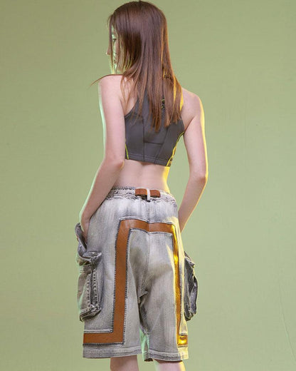 Futuristic Cargo Denim Shorts -  techwear - Futuristic Cargo Denim Shorts for Every Adventure