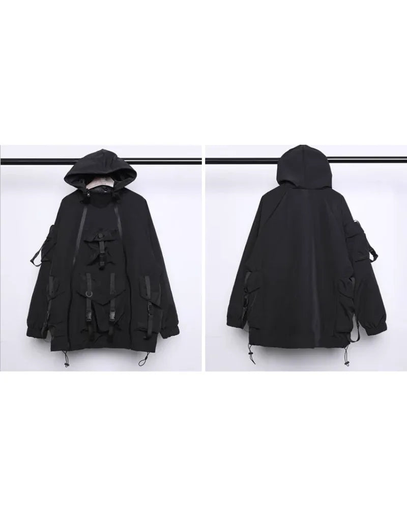 Futuristic Cyberpunk Hooded Jacket -  black cyberpunk jacket - Stylish Cyberpunk Hooded Jacket for Urban Wear
