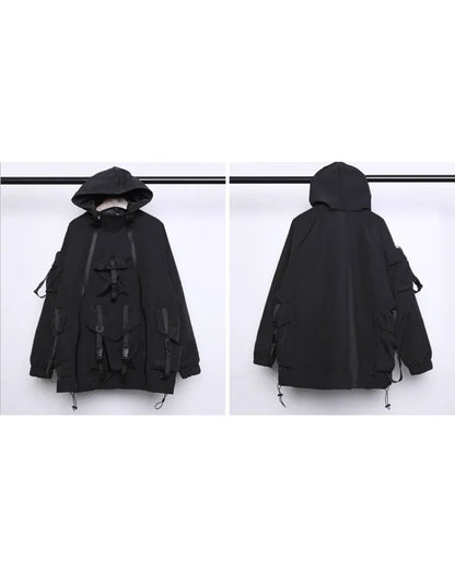 Futuristic Cyberpunk Hooded Jacket -  black cyberpunk jacket - Stylish Cyberpunk Hooded Jacket for Urban Wear