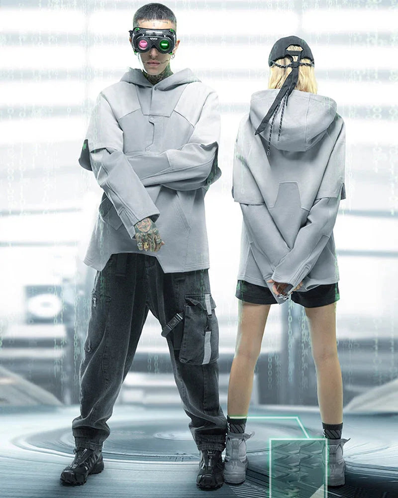 Futuristic Ghost Patchwork Hoodie -  cyberpunk fashion - Futuristic Ghost Patchwork Hoodie for Comfort