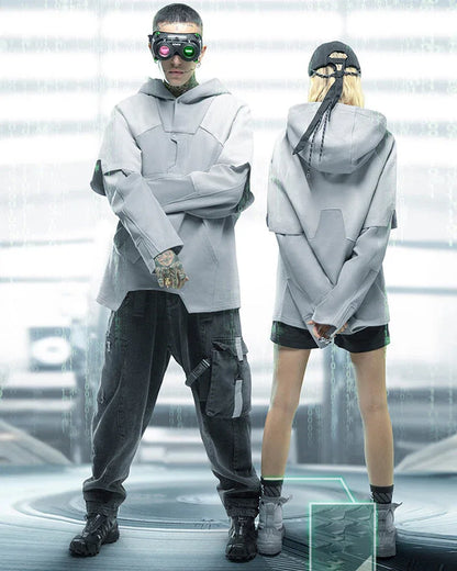 Futuristic Ghost Patchwork Hoodie -  cyberpunk fashion - Futuristic Ghost Patchwork Hoodie for Comfort