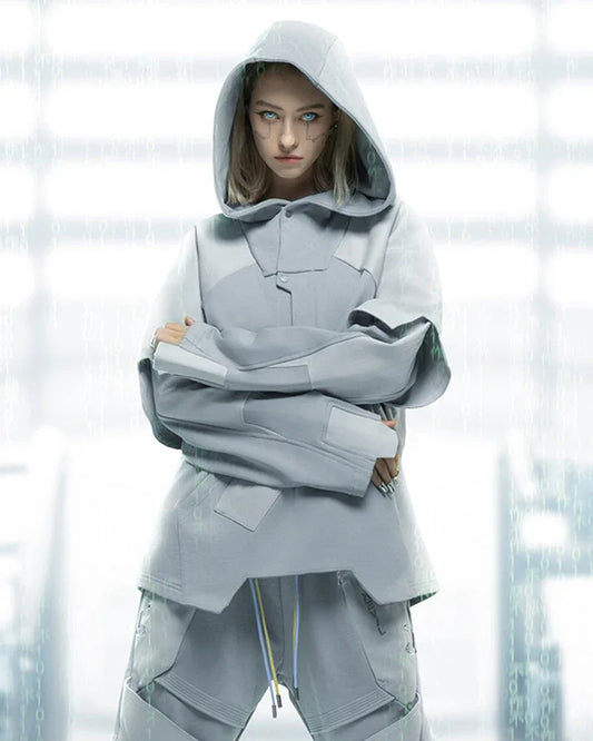 Futuristic Ghost Patchwork Hoodie - hoodie - Futuristic Ghost Patchwork Hoodie for Comfort