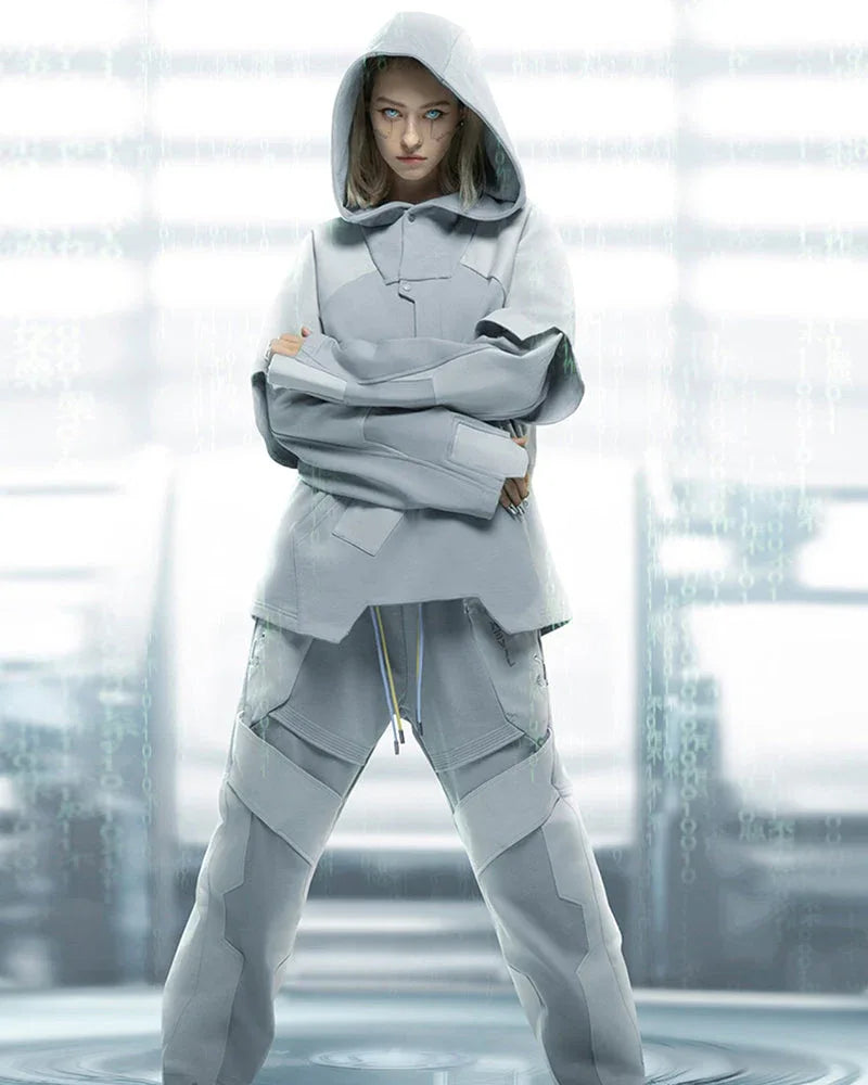Futuristic Ghost Patchwork Hoodie - techwear-core - Futuristic Ghost Patchwork Hoodie for Comfort