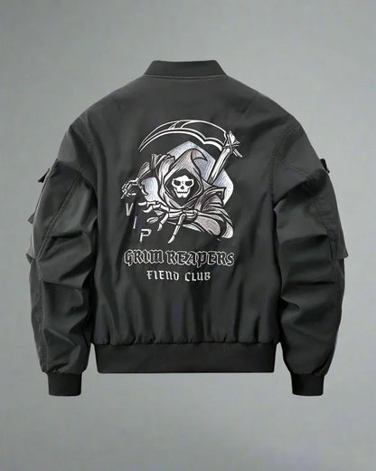 Futuristic Gothic Skull Jacket - urban techwear jacket - Futuristic Gothic Skull Black Bomber Jacket