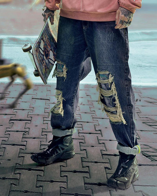Futuristic Laser-Cut Denim Pants - 100% cotton pants - Futuristic Laser-Cut Denim Pants for Modern Style