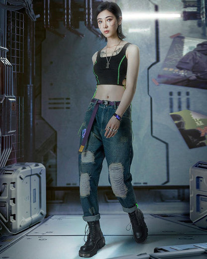 Futuristic Laser-Cut Denim Pants - 100% cotton pants - Futuristic Laser-Cut Denim Pants for Modern Style