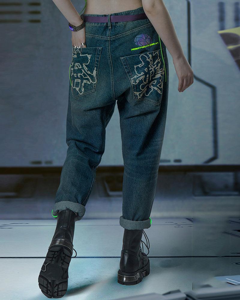 Futuristic Laser-Cut Denim Pants -  blue denim pants - Futuristic Laser-Cut Denim Pants for Modern Style