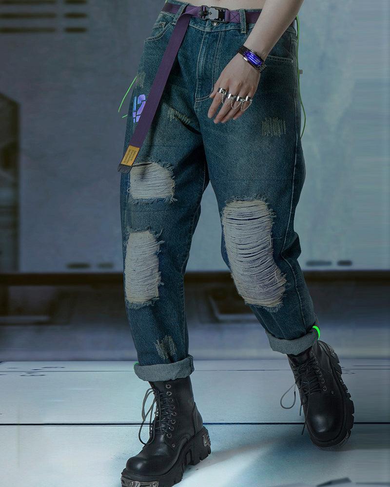 Futuristic Laser-Cut Denim Pants -  blue denim pants - Futuristic Laser-Cut Denim Pants for Modern Style