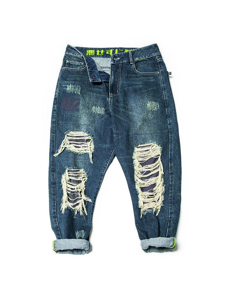 Futuristic Laser-Cut Denim Pants -  cyberpunk - Futuristic Laser-Cut Denim Pants for Modern Style