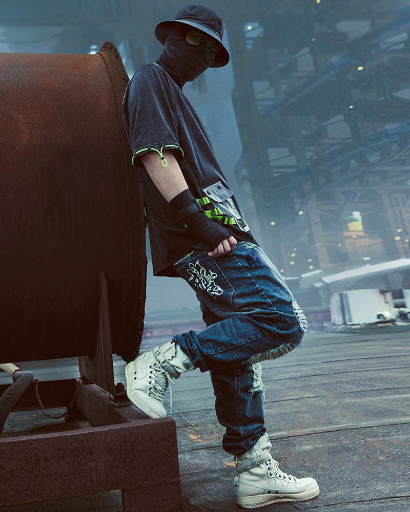 Futuristic Laser-Cut Denim Pants -  cyberpunk - Futuristic Laser-Cut Denim Pants for Modern Style