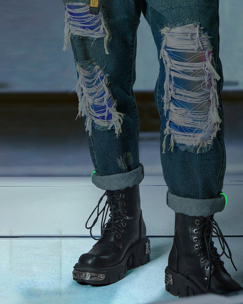 Futuristic Laser-Cut Denim Pants - denim pants - Futuristic Laser-Cut Denim Pants for Modern Style