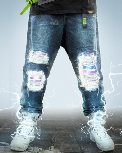 Futuristic Laser-Cut Denim Pants - denim pants - Futuristic Laser-Cut Denim Pants for Modern Style