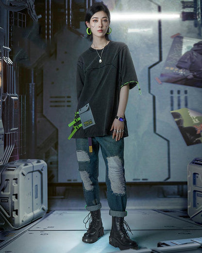 Futuristic Laser-Cut Denim Pants -  futuristic - Futuristic Laser-Cut Denim Pants for Modern Style