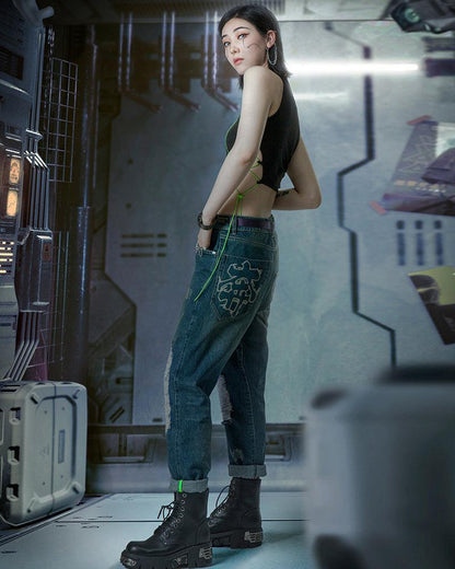 Futuristic Laser-Cut Denim Pants -  modern streetwear - Futuristic Laser-Cut Denim Pants for Modern Style