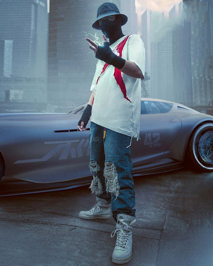 Futuristic Laser-Cut Denim Pants -  streetwear - Futuristic Laser-Cut Denim Pants for Modern Style