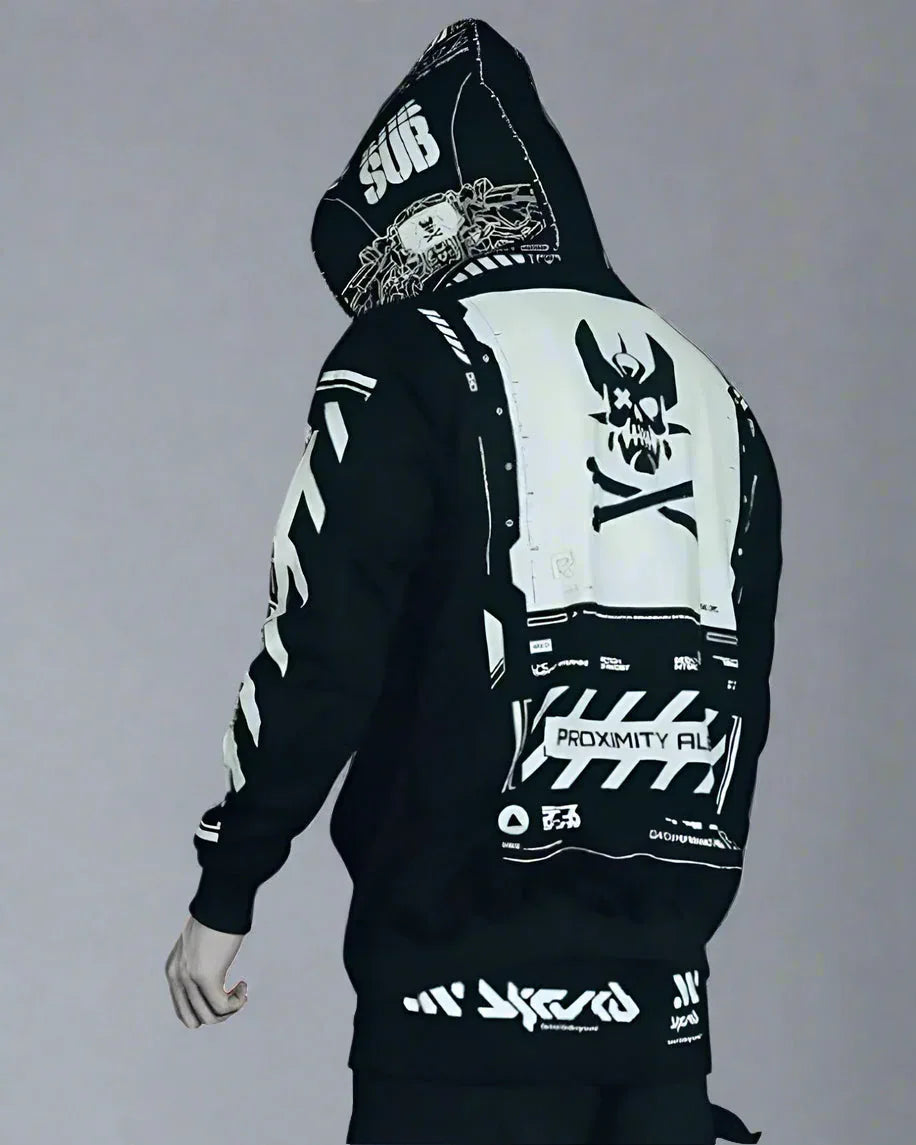 Futuristic Style Zip Hoodie -  black hoodie - Stylish Cyberpunk Zip Hoodie for Everyday Comfort