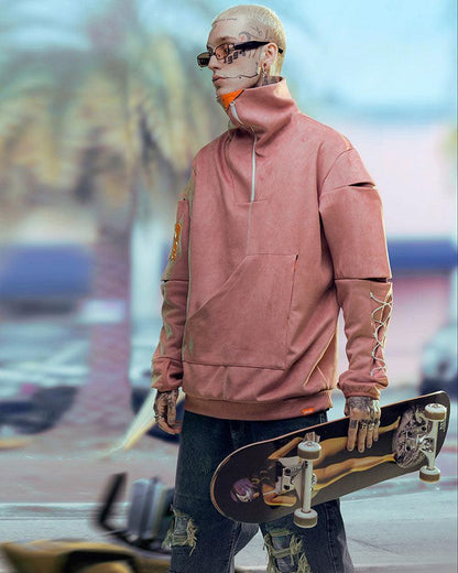Futuristic Suede Turtleneck Hoodie -  futuristic fashion - Futuristic Suede Turtleneck Hoodie for Comfort