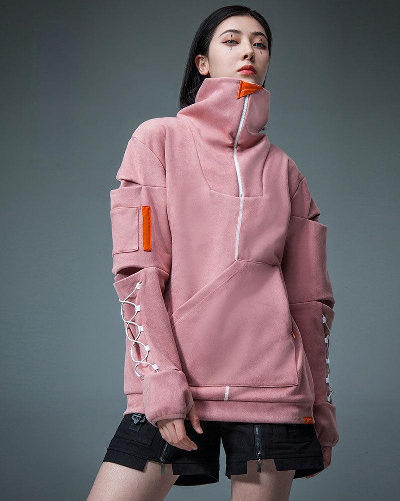 Futuristic Suede Turtleneck Hoodie - techwear - Futuristic Suede Turtleneck Hoodie for Comfort
