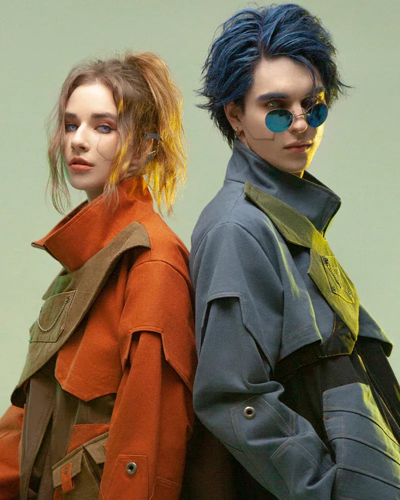 High-Tech Multi-Pocket Jacket -  cotton - Futuristic Multi-Pocket Jacket in Blue and Orange