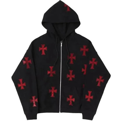 Hoodie with Shiny Rhinestone Cross -  casual layering jacket - Gothic Unisex Hoodie with Rhinestone Cross Detail