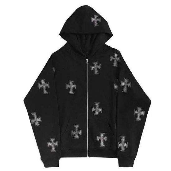 Hoodie with Shiny Rhinestone Cross -  cotton hoodie - Gothic Unisex Hoodie with Rhinestone Cross Detail
