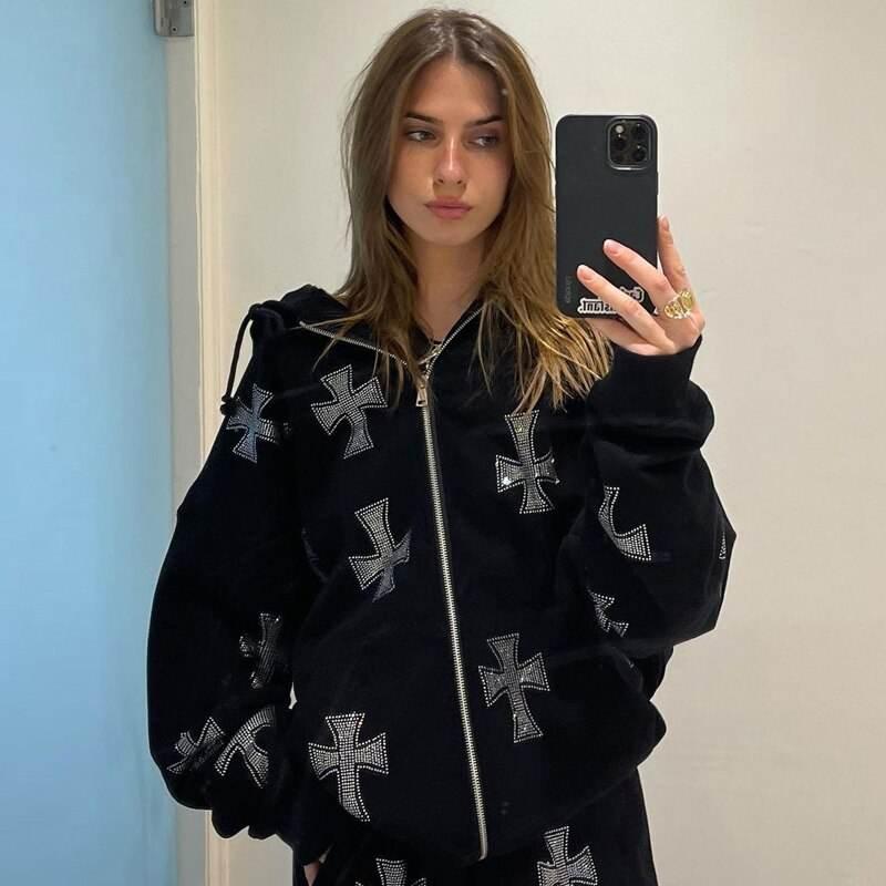 Hoodie with Shiny Rhinestone Cross -  gothic - Gothic Unisex Hoodie with Rhinestone Cross Detail