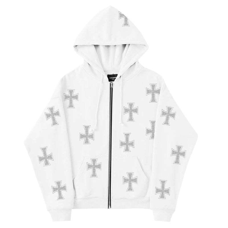 Hoodie with Shiny Rhinestone Cross -  gothic - Gothic Unisex Hoodie with Rhinestone Cross Detail