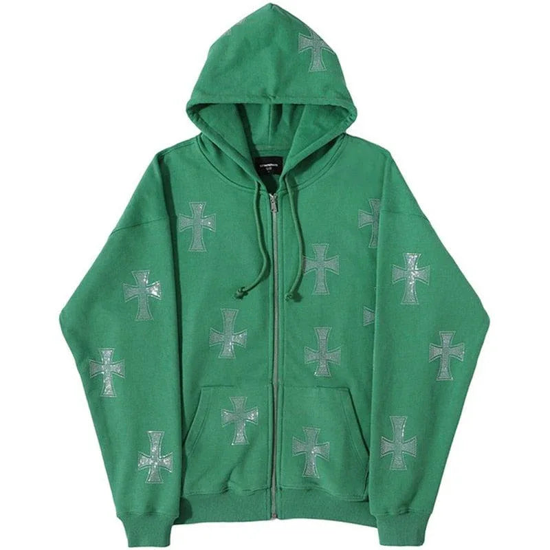 Hoodie with Shiny Rhinestone Cross - hoodie - Gothic Unisex Hoodie with Rhinestone Cross Detail