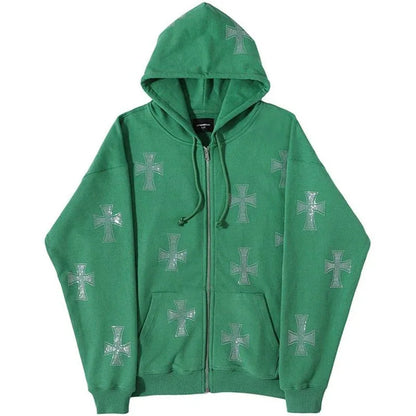 Hoodie with Shiny Rhinestone Cross - hoodie - Gothic Unisex Hoodie with Rhinestone Cross Detail