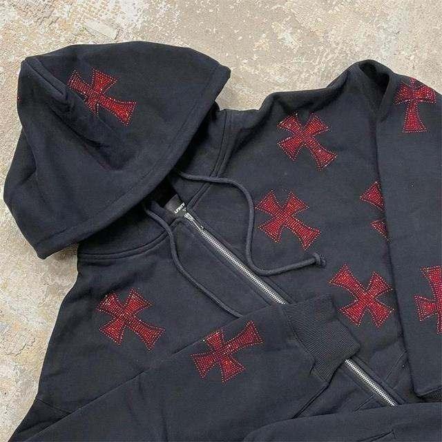 Hoodie with Shiny Rhinestone Cross - hoodie - Gothic Unisex Hoodie with Rhinestone Cross Detail