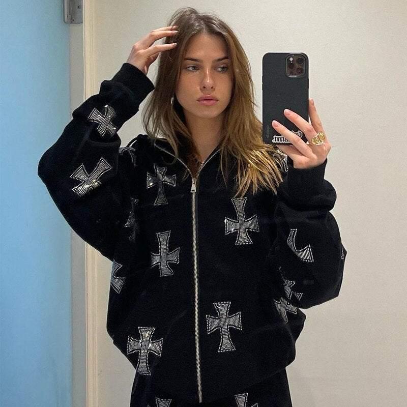 Hoodie with Shiny Rhinestone Cross -  unisex - Gothic Unisex Hoodie with Rhinestone Cross Detail